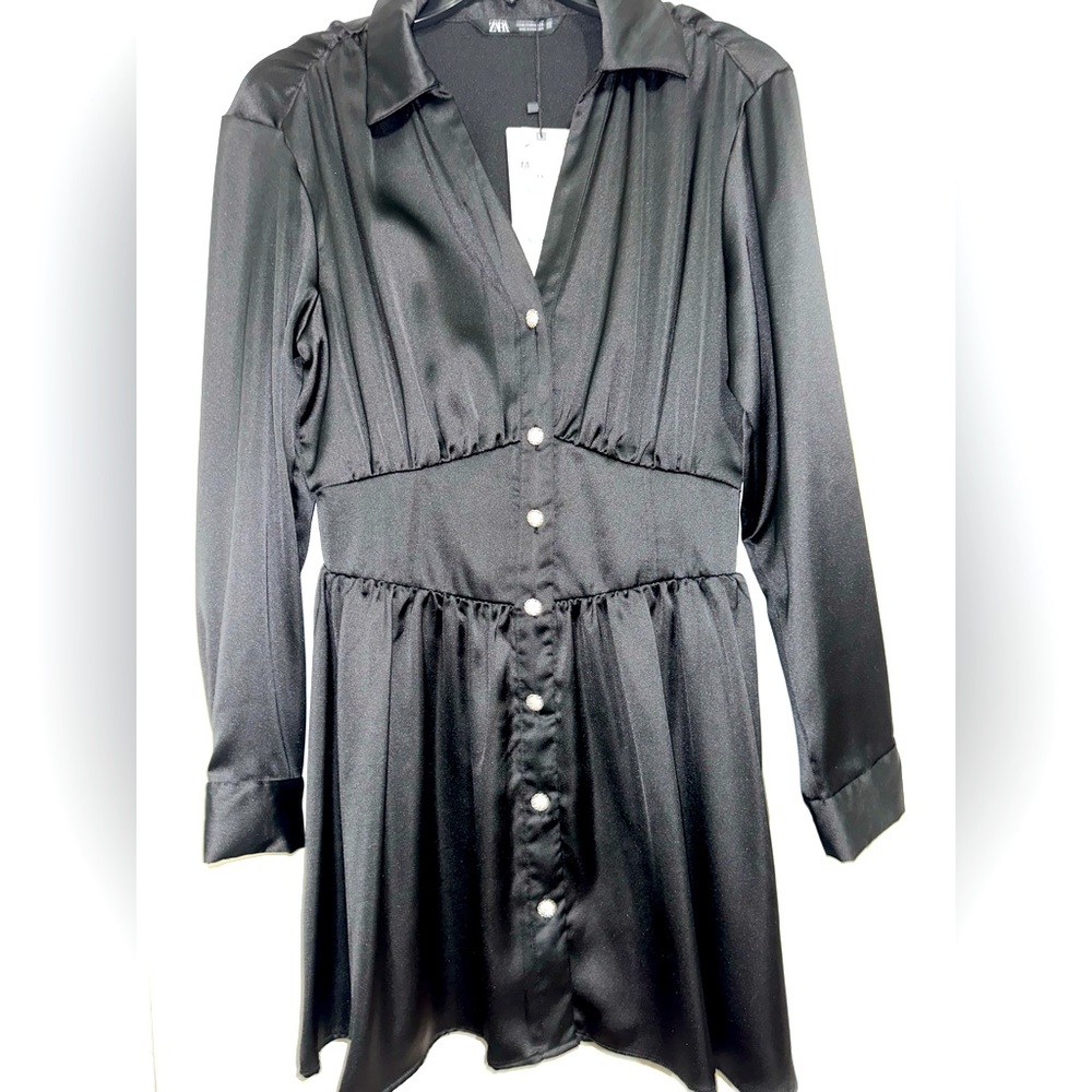 ZARA BLACK SATIN DRESS WITH JEWEL BUTTONS